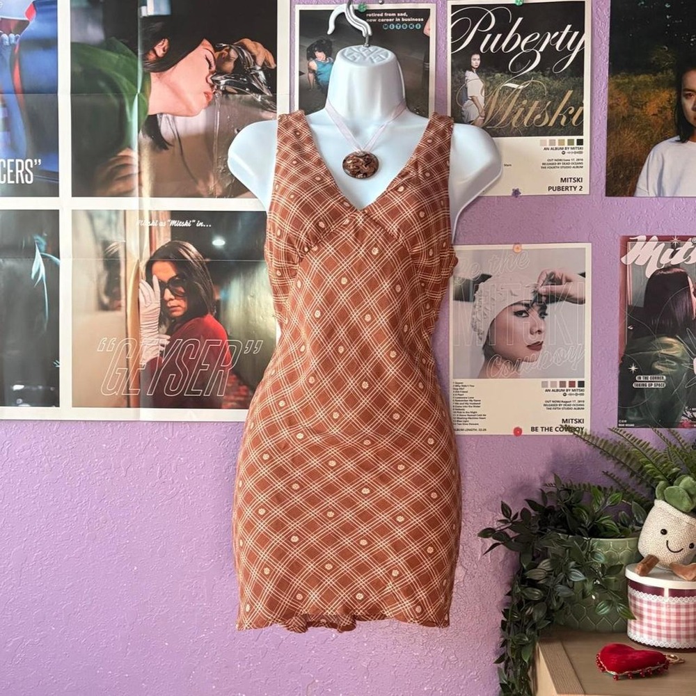 Preppy Brown Plaid Mini Dress Size L